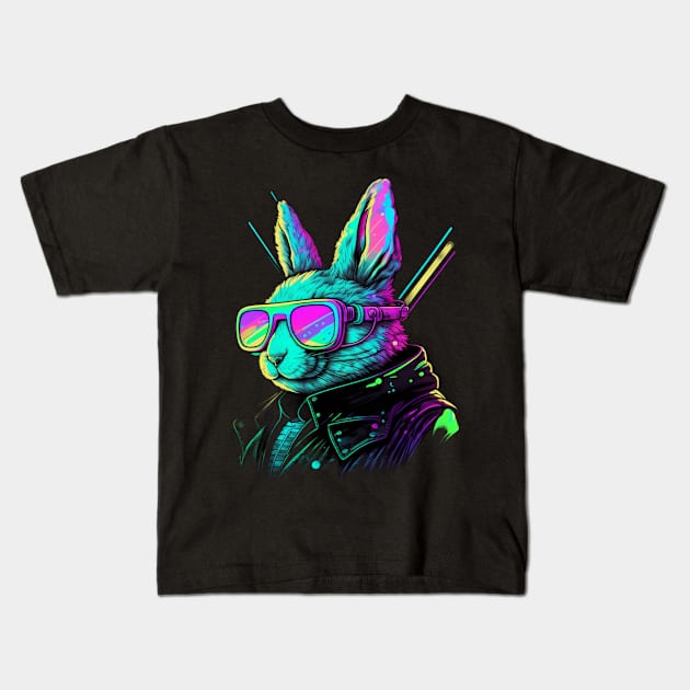 Synthwave/Retrowave neon RABBIT with Glasses Kids T-Shirt by Civilizationx